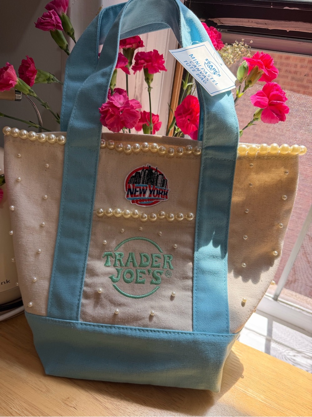 Trader Joe's Pearl-Trim Canvas Tote in Light Blue and Cream